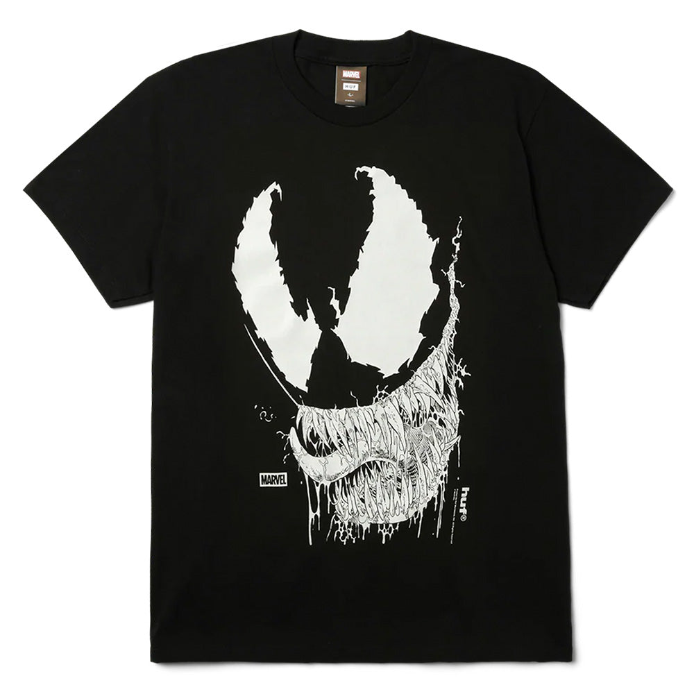 The HUF X MARVEL SPIDER-MAN VILE T-SHIRT by HUF features a striking white Venom face graphic with sharp teeth and a Marvel logo near the hem—perfect for Spider-Man fans.