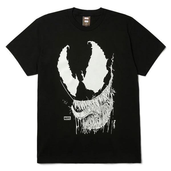 The HUF X MARVEL SPIDER-MAN VILE T-SHIRT by HUF features a striking white Venom face graphic with sharp teeth and a Marvel logo near the hem—perfect for Spider-Man fans.