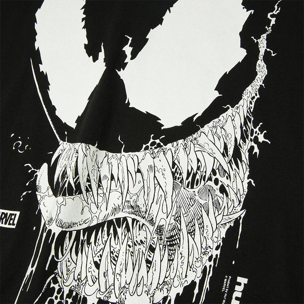 The HUF X MARVEL SPIDER-MAN VILE T-SHIRT by HUF features a black and white graphic of Venom’s face with large eyes and sharp teeth, plus the Marvel logo—a must-have short sleeve cotton tee for Spider-Man fans.