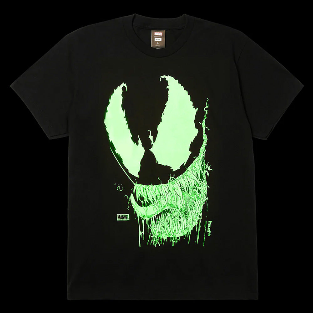 The HUF X MARVEL SPIDER-MAN VILE T-SHIRT is a black tee featuring a bold neon green Venom face graphic with a dripping paint effect and "HUF Marvel" logos—perfect for any Spider-Man fan.