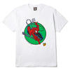 The HUF X MARVEL SPIDER-MAN THREE HUNDRED TEE WHITE is a white cotton short sleeve by HUF, featuring Spider-Man swinging on a web in front of a green circle and the Marvel Comics logo on the corner.