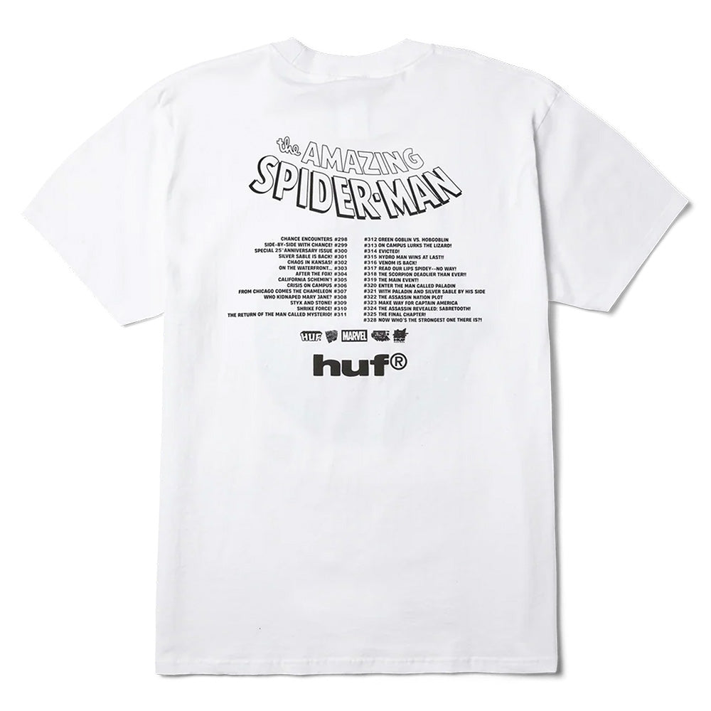 The HUF X MARVEL SPIDER-MAN THREE HUNDRED TEE WHITE is a cotton short sleeve tee featuring "The Amazing Spider-Man" and comic issue list on the back, plus HUF and Marvel logos at the bottom.
