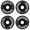 Set of four SPITFIRE HAYLEY WEBBED CONICAL FULL 99D 53MM BLACK skateboard wheels, featuring white spiderweb and jack-o'-lantern graphics with "Spitfire" and "Wilsons" in gothic lettering on the edge.