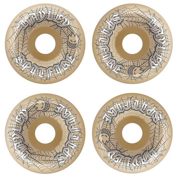 The SPITFIRE F4 HAYLEY WEBBED CONICAL FULL 99D 56MM wheels feature tan urethane with black spiderweb and pumpkin face graphics plus stylized "Spitfire" lettering—offering skaters style and reliable performance.