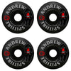 Four black SPITFIRE F4 WILSON BURN SQUAD RADIAL 99D 56MM skateboard wheels, each with a red hooded character graphic and "ANDREW WILSON RADIAL 99D" print. Durable design for smooth rides.