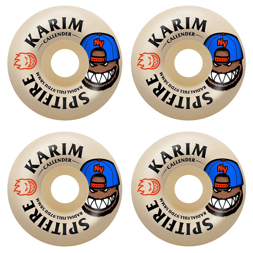 Four SPITFIRE F4 KARIM BURN SQUAD RADIAL FULL 97D 58MM skateboard wheels are arranged in a square, each featuring bold text, a cartoon face with a blue hat, and red graphic details.