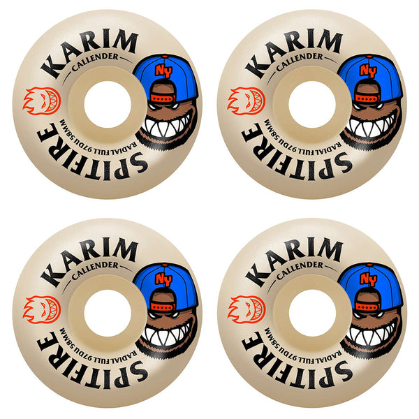 Four SPITFIRE F4 KARIM BURN SQUAD RADIAL FULL 97D 58MM skateboard wheels are arranged in a square, each featuring bold text, a cartoon face with a blue hat, and red graphic details.