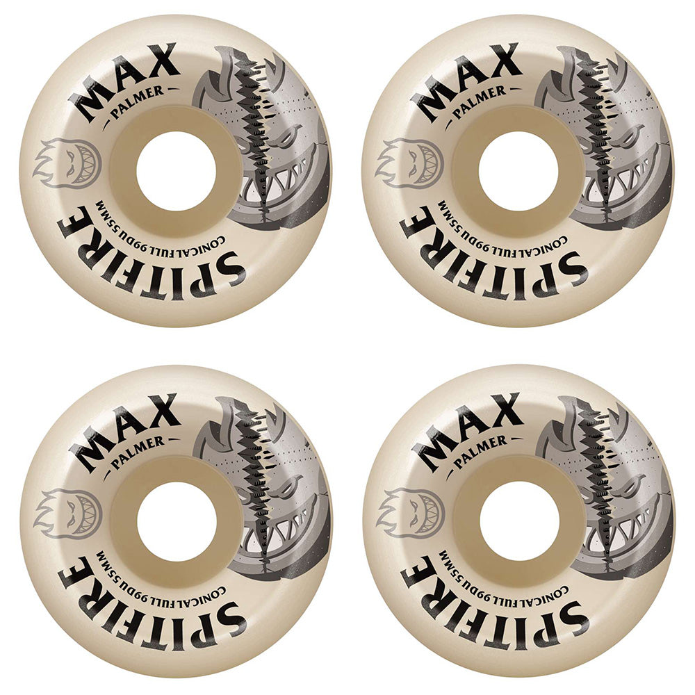 Four beige SPITFIRE F4 PALMER BURN SQUAD CONICAL FULL 99D 55MM wheels, each with black graphics and "MAX PALMER" text, are arranged in a square pattern.