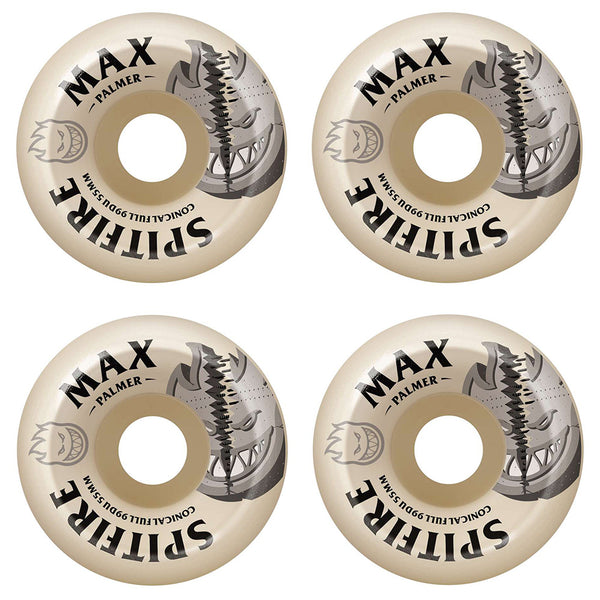 Four beige SPITFIRE F4 PALMER BURN SQUAD CONICAL FULL 99D 55MM wheels, each with black graphics and "MAX PALMER" text, are arranged in a square pattern.