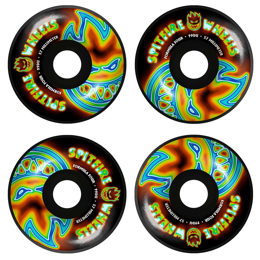 The SPITFIRE F4 RADIOACTIVE CLASSIC BIG HEADS 99D 57MM BLACK skateboard wheels feature bold SPITFIRE branding and classic big head design, delivering standout style and high performance for your ride.