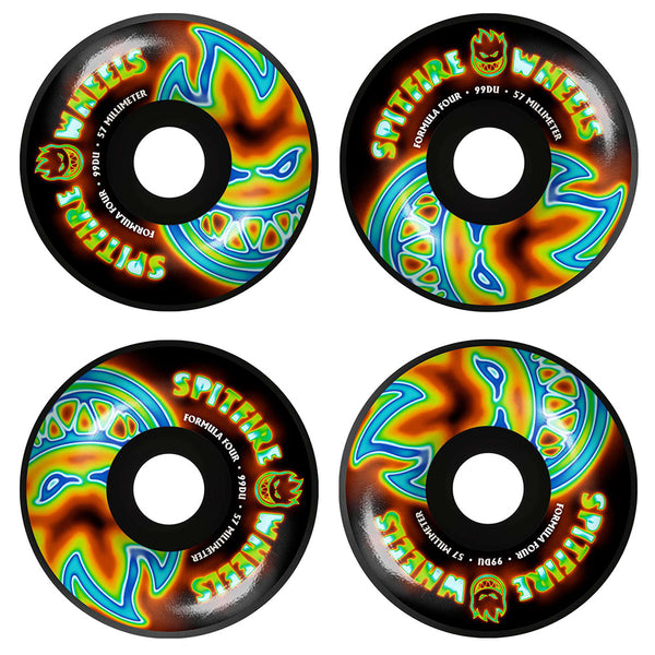 The SPITFIRE F4 RADIOACTIVE CLASSIC BIG HEADS 99D 57MM BLACK skateboard wheels feature bold SPITFIRE branding and classic big head design, delivering standout style and high performance for your ride.