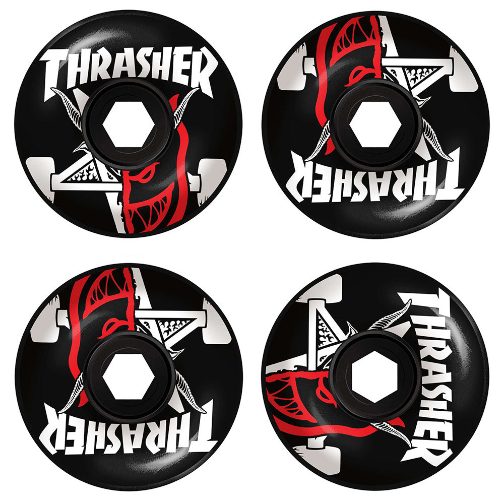 Set of four SPITFIRE X THRASHER BURN 80HD 56MM black skateboard wheels featuring bold "Thrasher" text, red and white graphics, and durable 80 duro urethane. Compatible with Spitfire setups.