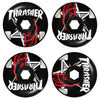 Set of four SPITFIRE X THRASHER BURN 80HD 56MM black skateboard wheels featuring bold "Thrasher" text, red and white graphics, and durable 80 duro urethane. Compatible with Spitfire setups.