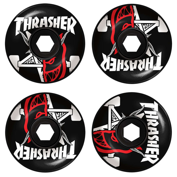 Set of four SPITFIRE X THRASHER BURN 80HD 56MM black skateboard wheels featuring bold "Thrasher" text, red and white graphics, and durable 80 duro urethane. Compatible with Spitfire setups.