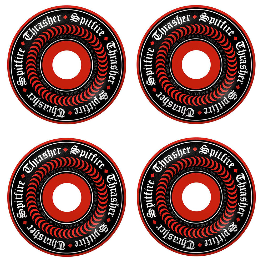 Four SPITFIRE X THRASHER F4 OATH Radial Full 99d 58mm red skateboard wheels with spiral design and "Spitfire Thrasher" text, arranged in a grid on a white background.