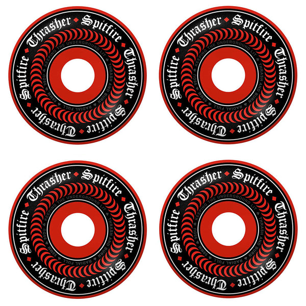Four SPITFIRE X THRASHER F4 OATH Radial Full 99d 58mm red skateboard wheels with spiral design and "Spitfire Thrasher" text, arranged in a grid on a white background.