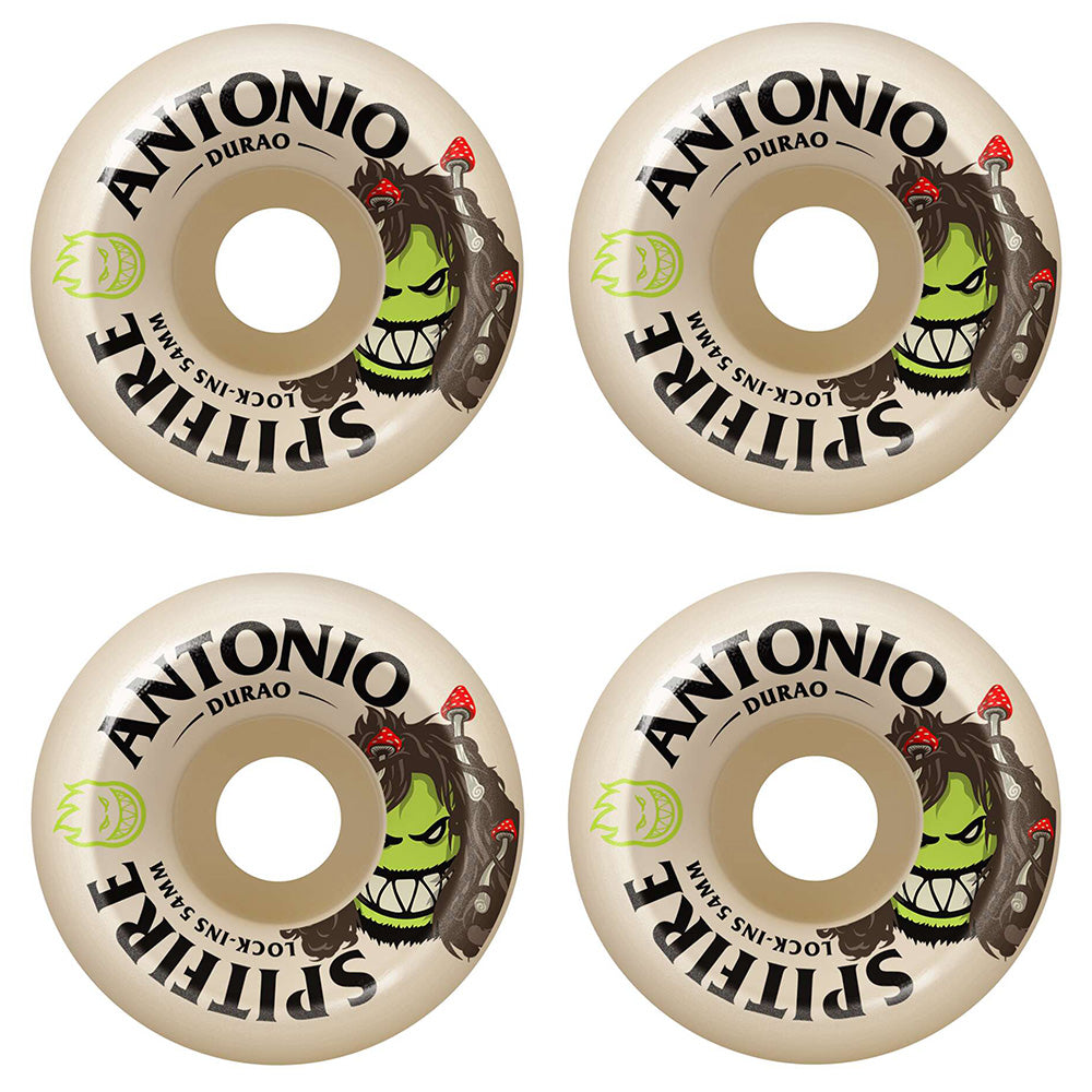 Four SPITFIRE F4 DURAO BURN SQUAD LOCK-INS 99D 54MM wheels, each featuring a green monster face and red mushrooms along with "SPITFIRE," "ANTONIO DURAO," and "LOCK-INS 54MM" graphics.