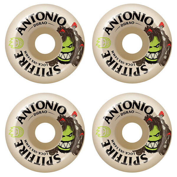 Four SPITFIRE F4 DURAO BURN SQUAD LOCK-INS 99D 54MM wheels, each featuring a green monster face and red mushrooms along with "SPITFIRE," "ANTONIO DURAO," and "LOCK-INS 54MM" graphics.