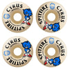 Four beige SPITFIRE skateboard wheels with blue cartoon graphics and "SPITFIRE F4 CYRUS BURN SQUAD CLASSIC 99D 53MM" printed in black and blue, featuring a medium width riding surface for balanced control.