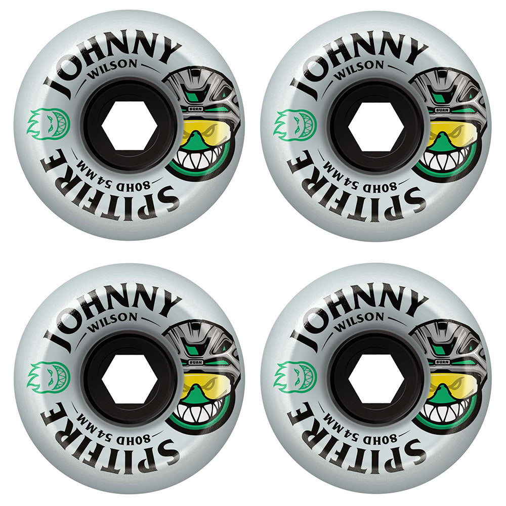 Set of four white SPITFIRE F4 JOHNNY BURN SQUAD 80HD 54MM skateboard wheels featuring "80HD 54MM" print, helmet and grinning face graphics, made from 54mm 80 duro urethane.