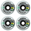Set of four white SPITFIRE F4 JOHNNY BURN SQUAD 80HD 54MM skateboard wheels featuring "80HD 54MM" print, helmet and grinning face graphics, made from 54mm 80 duro urethane.