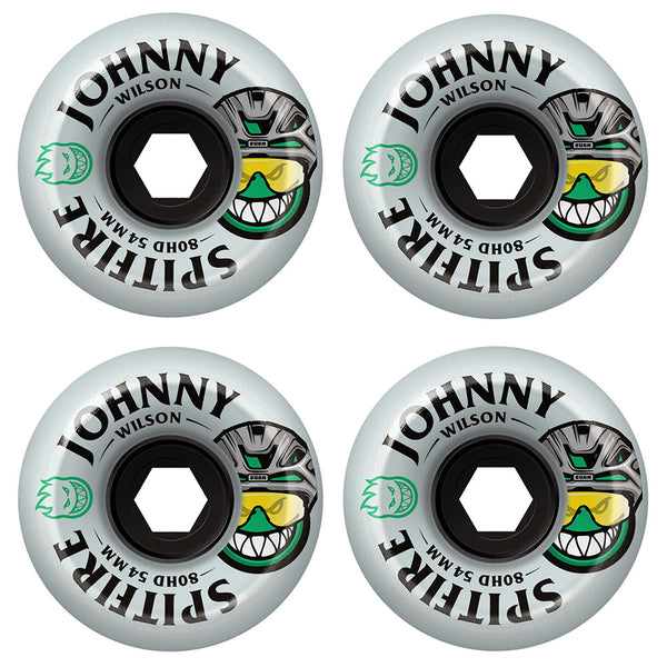 Set of four white SPITFIRE F4 JOHNNY BURN SQUAD 80HD 54MM skateboard wheels featuring "80HD 54MM" print, helmet and grinning face graphics, made from 54mm 80 duro urethane.