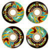 A set of four SPITFIRE F4 RADIOACTIVE CLASSIC BIG HEADS 99D 54MM skateboard wheels by SPITFIRE is displayed from above on a black background, with bold blue, green, and orange flame graphics.