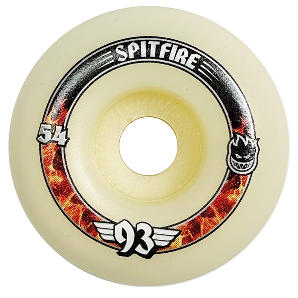 White SPITFIRE F4 SS RADIALS 93D 54MM skateboard wheel with black and flame graphics.