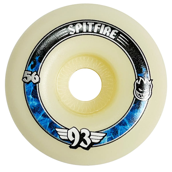 A single SPITFIRE F4 SS RADIALS 93D skateboard wheel with blue flame graphics, 56MM in size.