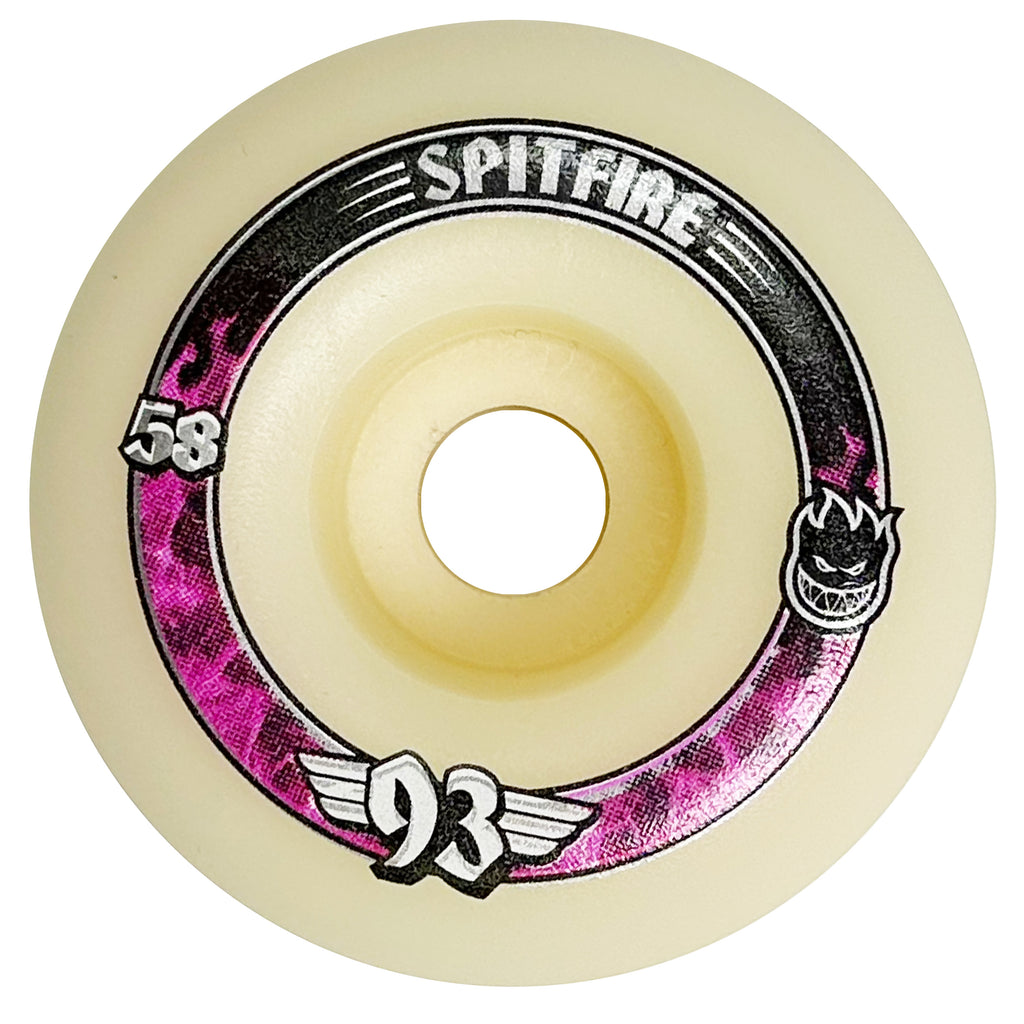 A single SPITFIRE F4 SS RADIALS 93D 58MM skateboard wheel with a SPITFIRE FORMULA FOUR graphic print on it.