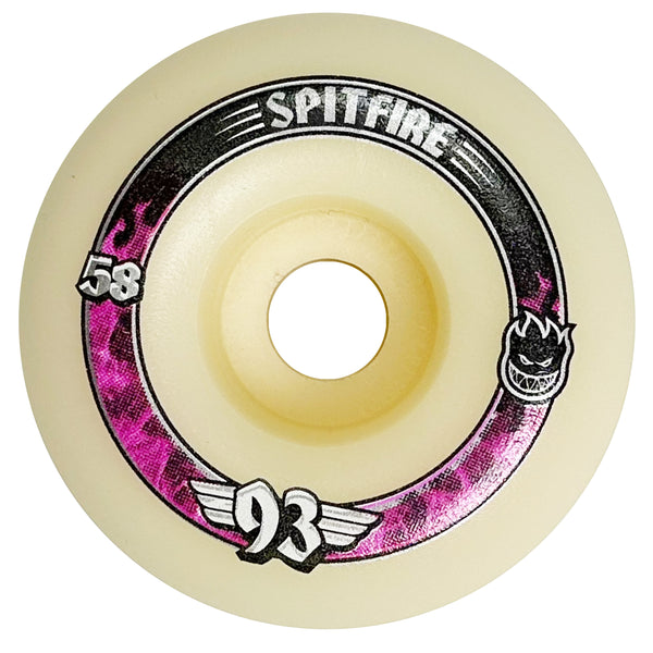A single SPITFIRE F4 SS RADIALS 93D 58MM skateboard wheel with a SPITFIRE FORMULA FOUR graphic print on it.