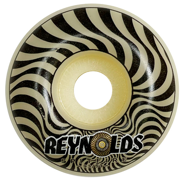 Black and white swirl-patterned SPITFIRE F4 SS REYNOLDS CLASSICS 93D 53MM skateboarding wheel with "Andrew Reynolds Pro Model" branding.