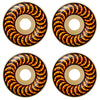 Four SPITFIRE X THRASHER F4 FLAME CLASSICS 99D 52MM skateboard wheels with a tan base and black-red flame design are displayed in a two-by-two grid, blending classic FORMULA FOUR style with THRASHER-inspired graphics.