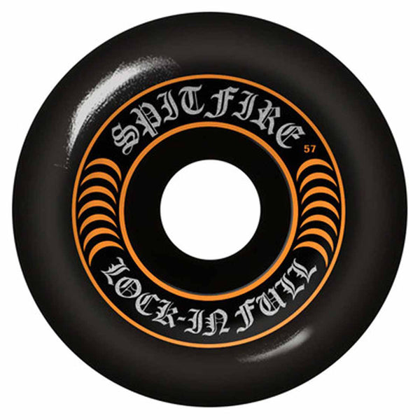 A black skateboard wheel with orange and white graphics, featuring the words "SPITFIRE LOCK-IN FULL" and the number "57." This wheel boasts the renowned 99 DURO hardness of SPITFIRE's FORMULA FOUR series, providing optimal performance. The product is known as SPITFIRE F4 LOCK IN FULL 99D 57MM BLACK, from the brand SPITFIRE.
