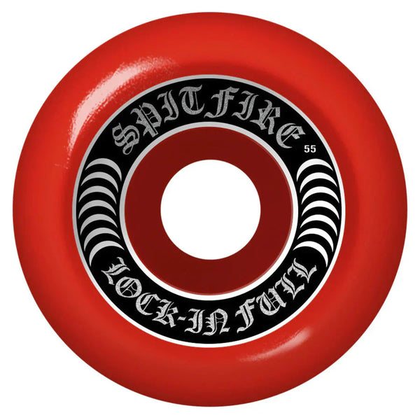 SPITFIRE F4 LOCK IN FULL 99D 55MM RED with black and white design featuring the brand name "SPITFIRE" and the phrase "LOCK-IN FULL." Made with SPITFIRE FORMULA FOUR, this wheel boasts a 99 DURO rating for superior performance.