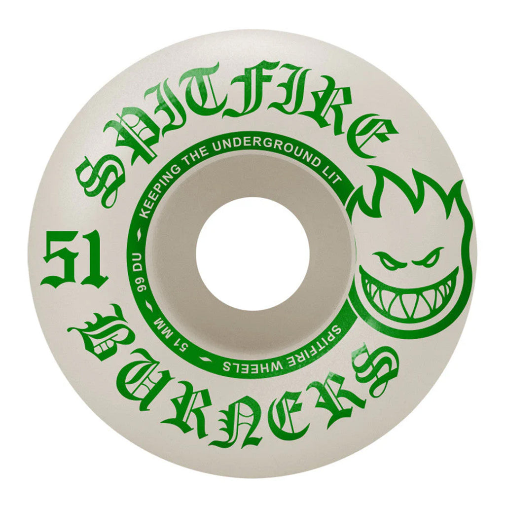 White skateboard wheel with green text that reads "SPITFIRE BURNERS 99D 51MM" and features a grinning flame logo. The text "Keeping the Underground Lit" circles the center, making these SPITFIRE wheels perfect for entry-level skaters.