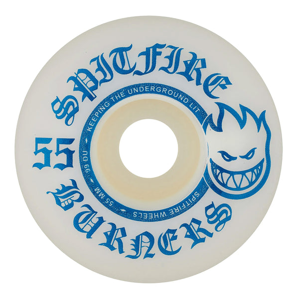 The SPITFIRE BURNERS 99D 55MM skateboard wheel from Spitfire is a white wheel adorned with blue text stating "SPITFIRE BURNERS" and "KEEPING THE UNDERGROUND LIT," along with the Spitfire logo and the number 55. These entry-level wheels are perfect for skaters, offering both reliable performance and stylish design.