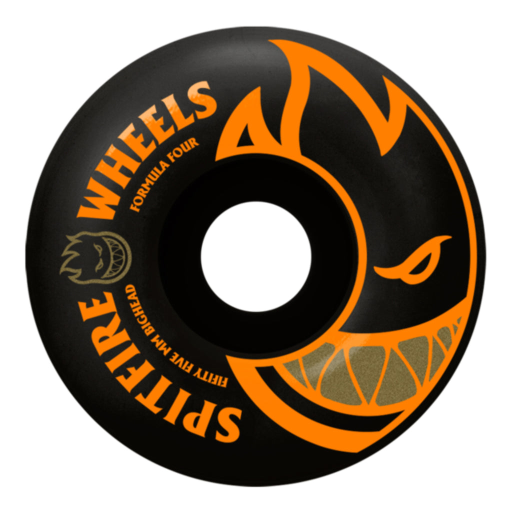 The SPITFIRE F4 BIGHEAD 99D 53MM BLK/ORG skateboard wheel features a sleek black design with an eye-catching orange flame graphic and the text "Spitfire Wheels Formula Four Fifty-Four MM" printed in bold orange. This high-performance wheel from SPITFIRE combines superior functionality with standout style for skaters who seek excellence.