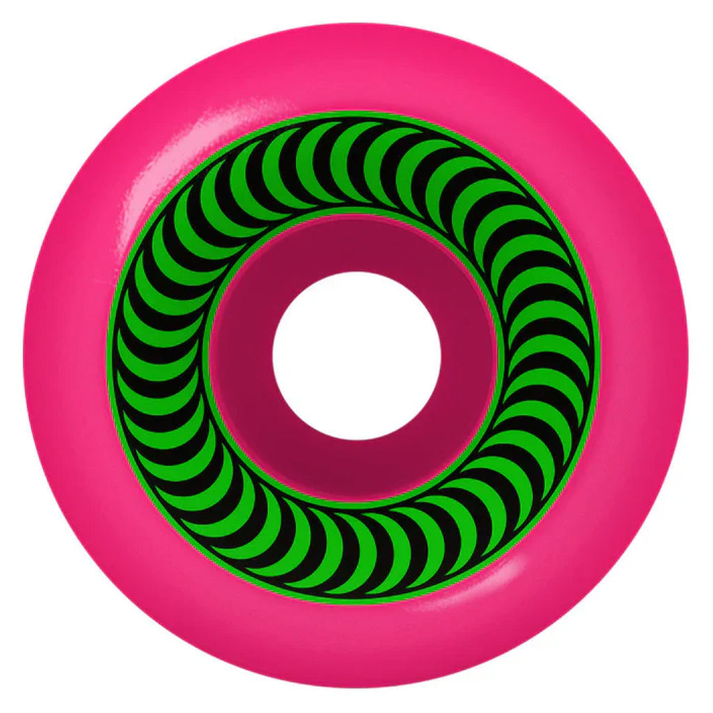 A bright pink circular object with a black and green spiral design in the center, reminiscent of the SPITFIRE F4 OG CLASSIC 99D 52MM PINK wheels.