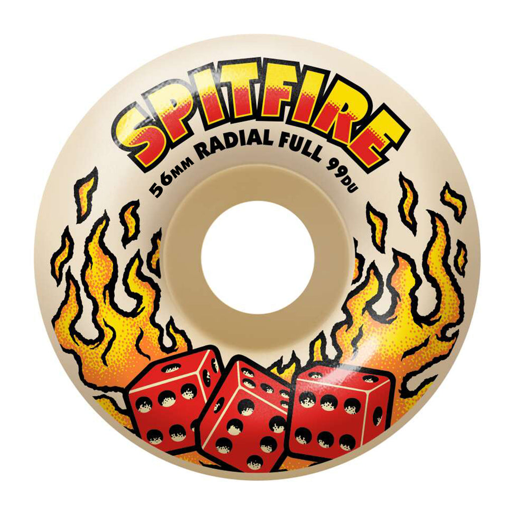 A skateboard wheel called the SPITFIRE F4 HOT HAND RADIAL FULL 99D 56MM showcases a dynamic flame design with the bold "SPITFIRE" brand, accented by a dice graphic. Ideal for riders with a fiery style.