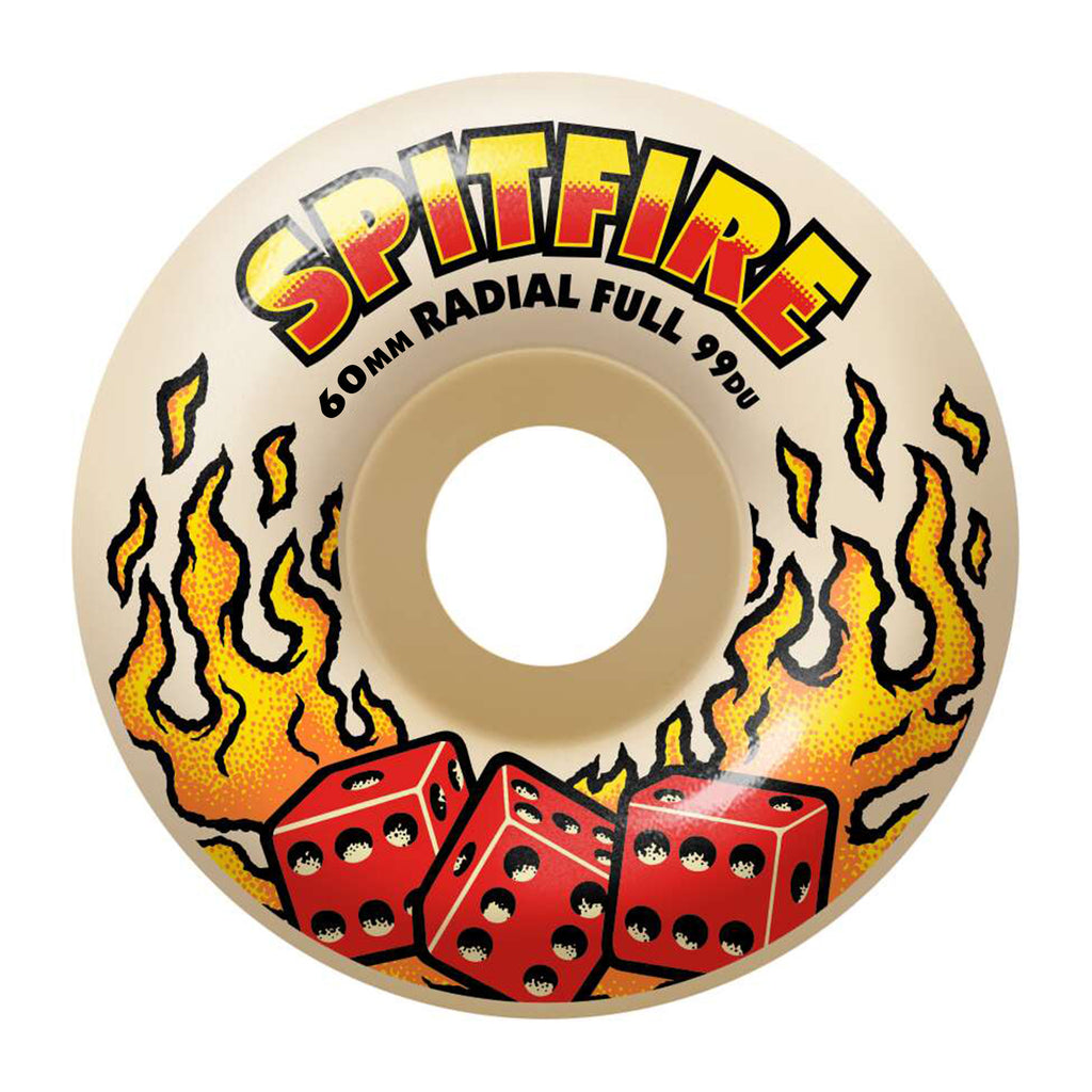 The SPITFIRE F4 Hot Hand Radial Full wheel showcases the "SPITFIRE" name paired with a flame graphic, complete with red dice accents and the specification "60mm 99du.