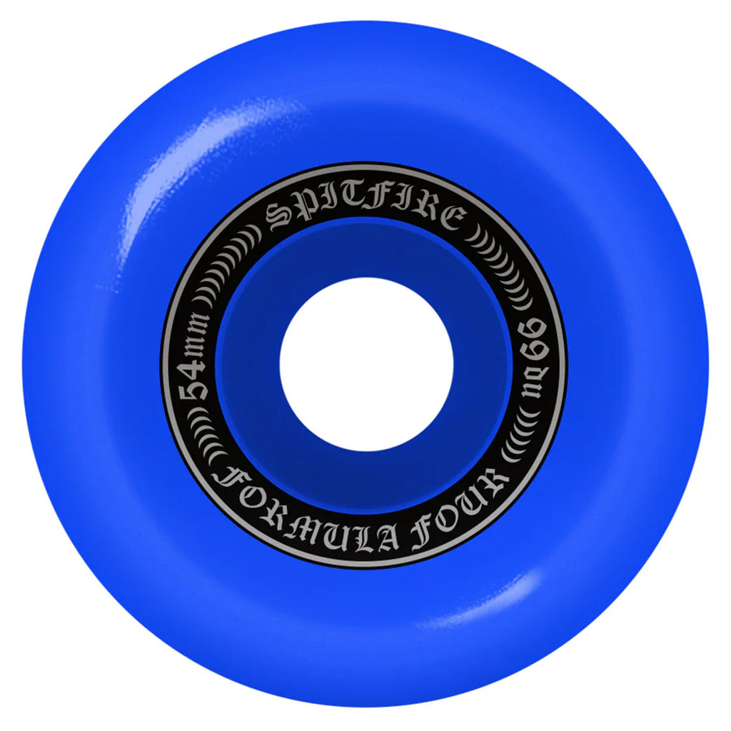 Close-up of a SPITFIRE F4 OG CLASSIC 99D 54MM BLUE skateboard wheel, featuring the OG Classic 99D design and "SPITFIRE FORMULA FOUR" text on the inner rim.