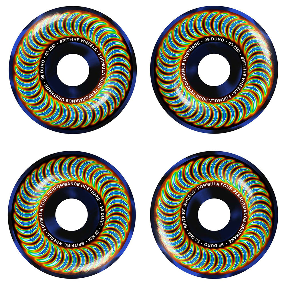 Four SPITFIRE F4 RADIOACTIVE CLASSIC 99D 53MM BLUE SWIRL skateboard wheels display vibrant blue swirl patterns and bold branding, arranged in a square on a white background.