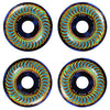 Four SPITFIRE F4 RADIOACTIVE CLASSIC 99D 53MM BLUE SWIRL skateboard wheels display vibrant blue swirl patterns and bold branding, arranged in a square on a white background.
