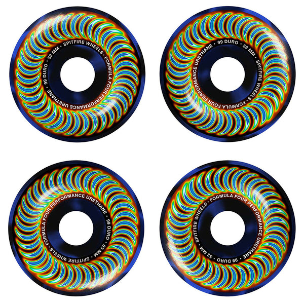 Four SPITFIRE F4 RADIOACTIVE CLASSIC 99D 53MM BLUE SWIRL skateboard wheels display vibrant blue swirl patterns and bold branding, arranged in a square on a white background.