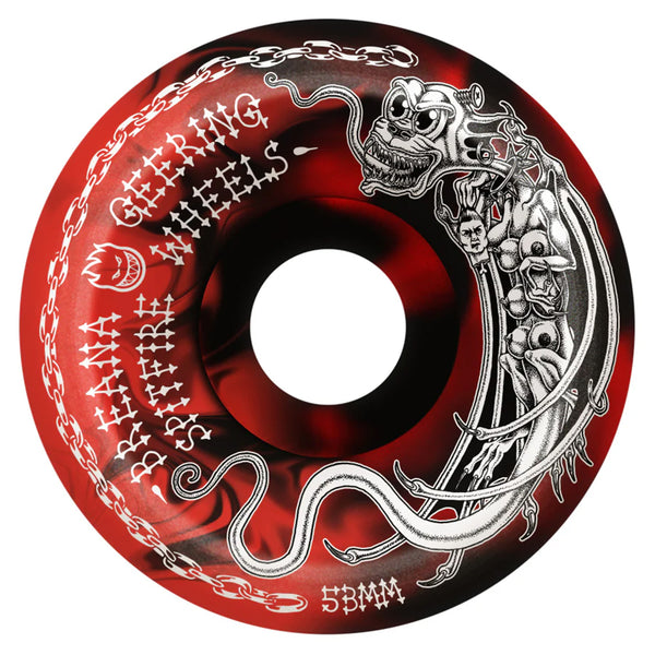 A black and red skate wheel with artwork depicting a fantasy creature and text that reads "SPITFIRE F4 BREANA TORMENTOR CONICAL FULL 99D 53MM SWIRL," along with chains and a figure intertwined. Size is noted as 53MM SWIRL.