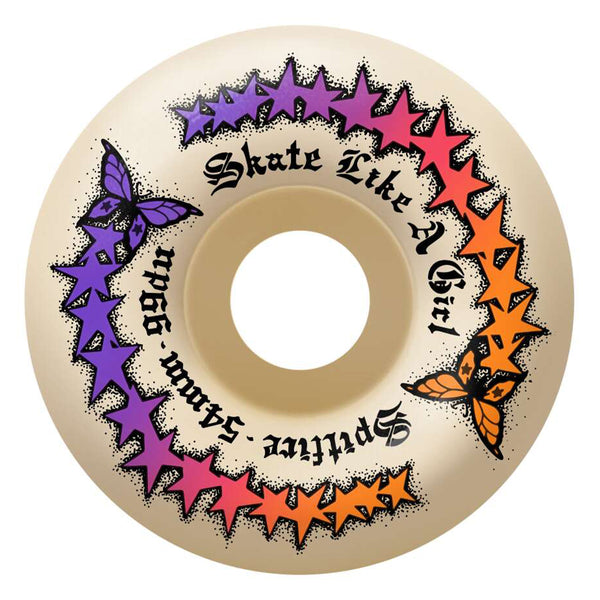 The SPITFIRE F4 SKATE GIRL EVOLUTION RADIAL FULL 99D 54MM skateboard wheels, designed by SPITFIRE, feature colorful butterflies and stars with the text "Skate Like A Girl" and "Spathis-Saurus Squad." These Formula Four wheels provide vibrant style without compromising top-notch performance.