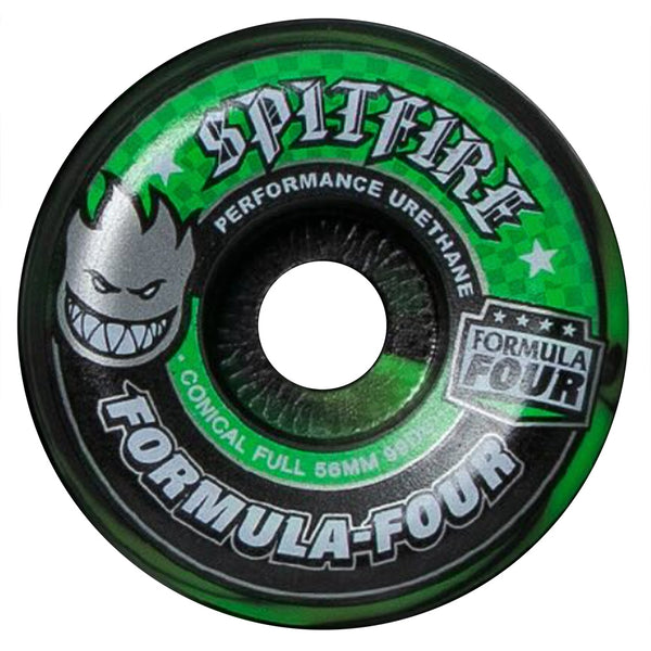 The SPITFIRE X BLUETILE CONICAL FULL 56MM BLACK / GREEN SWIRL skateboard wheel by SPITFIRE features black and green swirl colors, the Spitfire logo, branding text, and a grinning flame graphic.