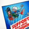 Illustration of a skeleton skateboarding over a billboard with "Support Your Local Skateshop" amid vibrant colors celebrates SKATE SHOP DAY 2025 as a cat and bird join in. This design is featured on the SKATE SHOP DAY 2025 TOWEL by Bluetile Skateboards.