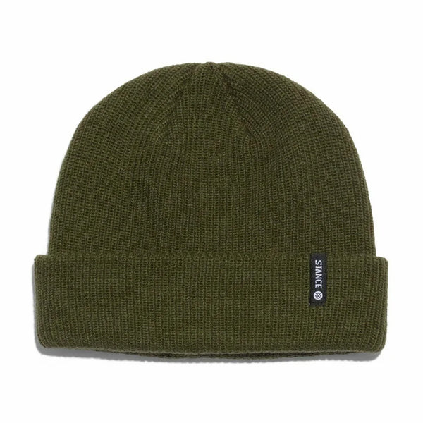 The STANCE ICON 2 Shallow Beanie in olive is crafted from soft acrylic and features a stylish black tag on the cuff with the STANCE logo.